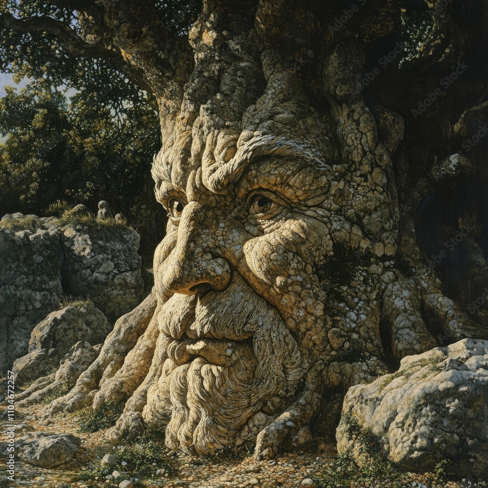 Majestic Ancient Tree with Human Face in Enchanted Forest Majestic Ancient Tree with Human Face in Enchanted Forest