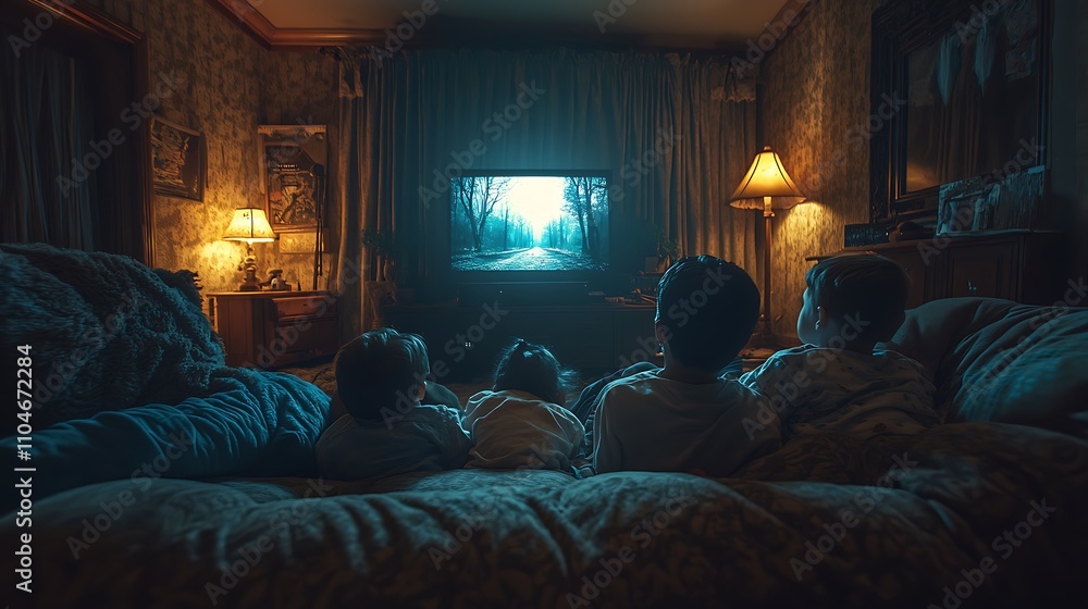 Parents sitting on a couch with small children asleep in their laps, a glowing TV screen illuminating the dimly lit room, soft warm lighting, cozy family atmosphere with a calm movie playing, Parents sitting on a couch with small children asleep in their laps, a glowing TV screen illuminating the dimly lit room, soft warm lighting, cozy family atmosphere with a calm movie playing,