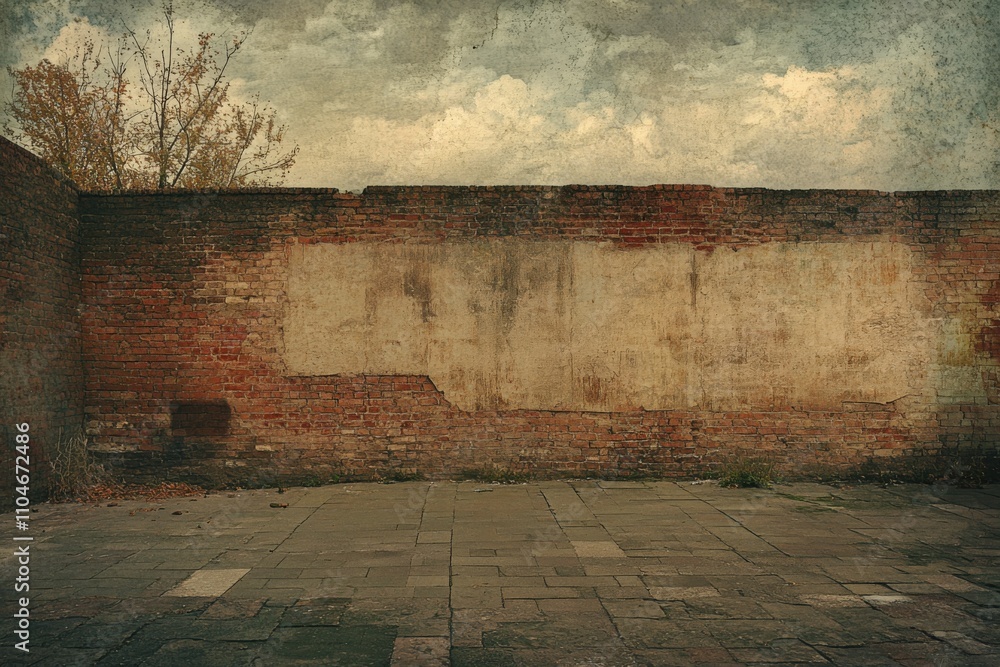 Obraz premium abandoned urban space with weathered brick wall and cloudy sky