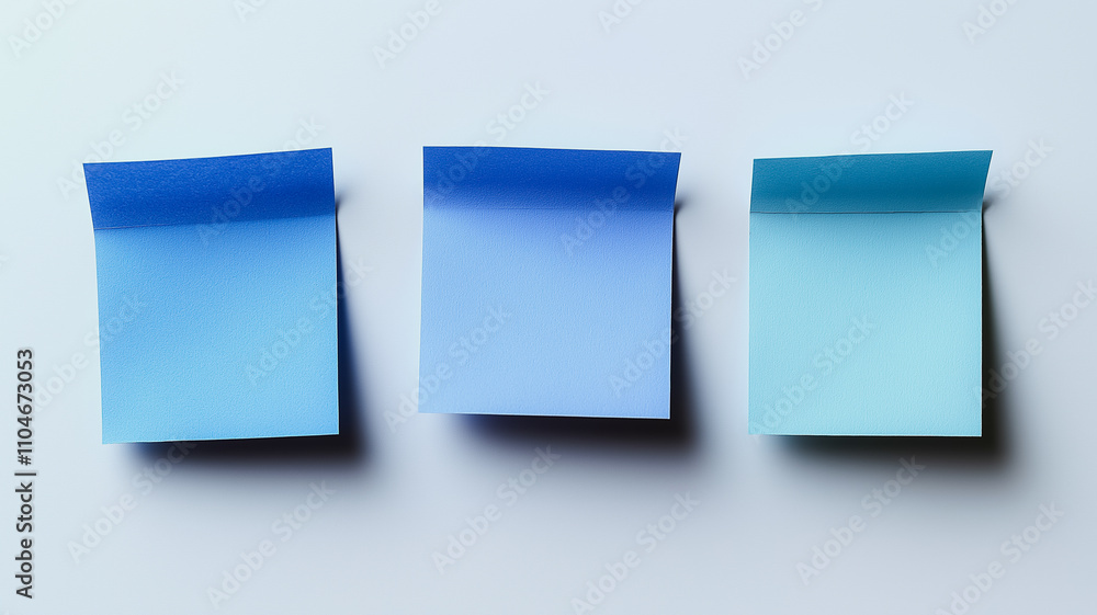 Three blue sticky notes are lined up on a white background. The notes are all different shades of blue, with the lightest one on the left and the darkest one on the right Three blue sticky notes are lined up on a white background. The notes are all different shades of blue, with the lightest one on the left and the darkest one on the right