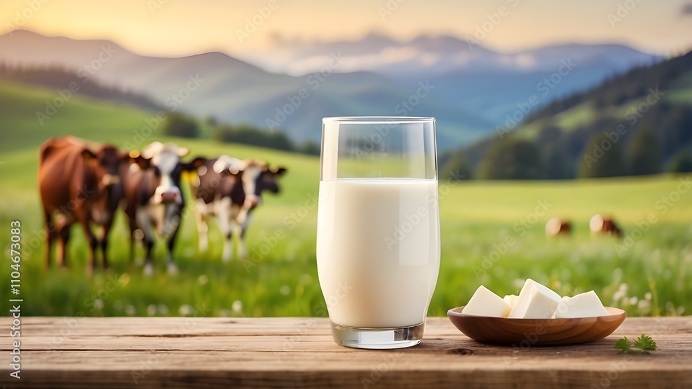 A blurred countryside with a cow in a meadow and fresh cow milk in a glass on a wooden tabletop. eating well. Room for creativity. It's International Milk Day. A blurred countryside with a cow in a meadow and fresh cow milk in a glass on a wooden tabletop. eating well. Room for creativity. It's International Milk Day.