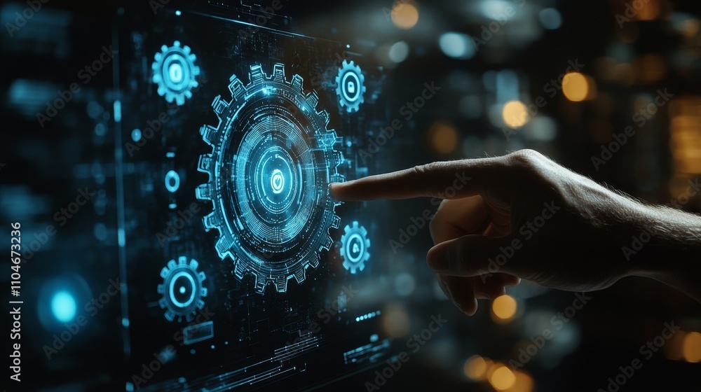 Businessman pointing at gears icon on a touch screen, Business concept. Successful business development plan. Businessman pointing at gears icon on a touch screen, Business concept. Successful business development plan.