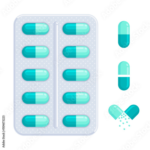 Set of blister pack with teal and green capsules in front and side view. Medication, remedy, drug, treatment, healthcare concept. Flat vector illustration isolated on a white background	