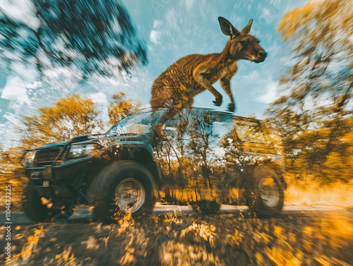 A kangaroo leaps over a vehicle in a vibrant, blurred landscape. photo