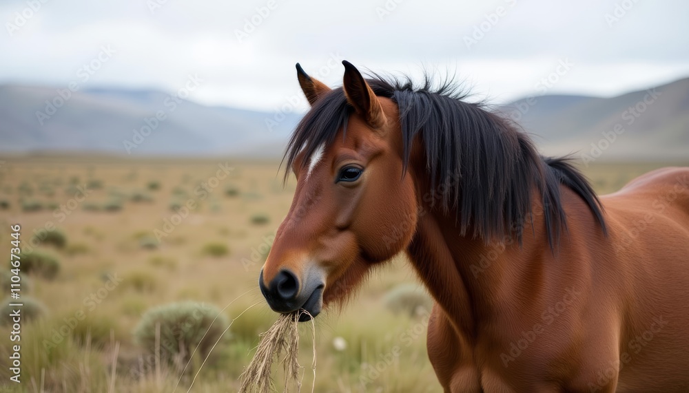 Fototapeta premium Brown horse grazing in a field of grass