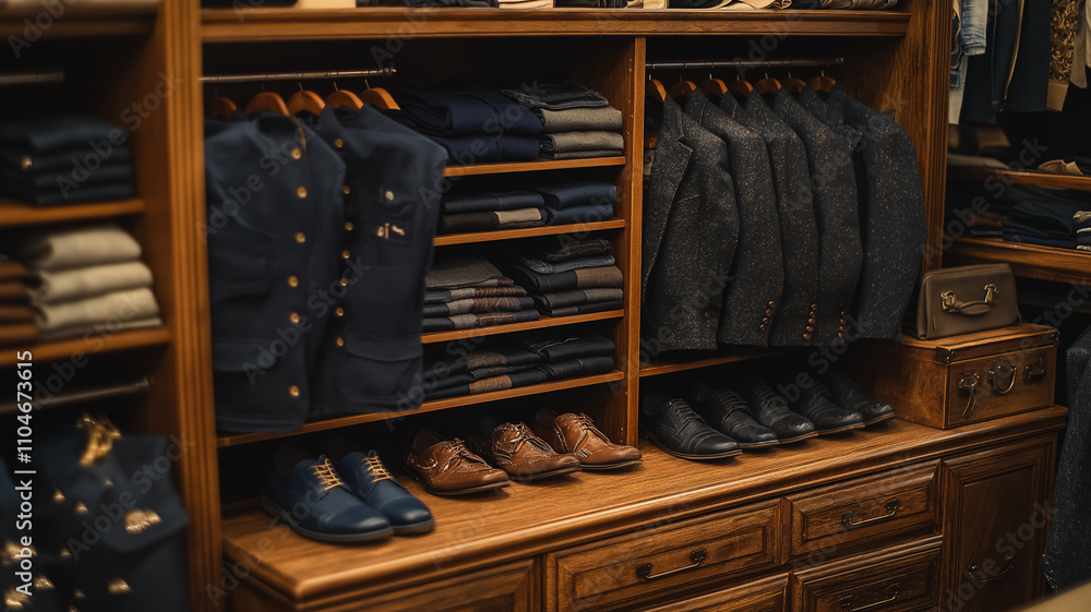 A store with a lot of clothes and shoes. The clothes are mostly blue and the shoes are brown