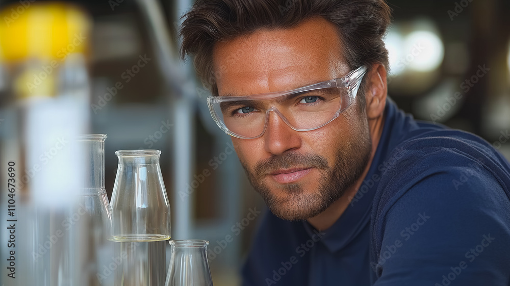 A man wearing safety glasses is looking at a group of glass bottles. The bottles are arranged in a row, with the man standing in front of them. Concept of focus and concentration A man wearing safety glasses is looking at a group of glass bottles. The bottles are arranged in a row, with the man standing in front of them. Concept of focus and concentration