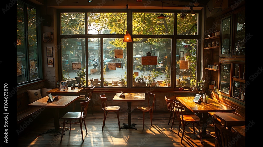 A cozy coffee shop bathed in warm sunlight, streaming through large glass-pane windows, rustic wooden tables and mismatched chairs creating a charming atmosphere, A cozy coffee shop bathed in warm sunlight, streaming through large glass-pane windows, rustic wooden tables and mismatched chairs creating a charming atmosphere,
