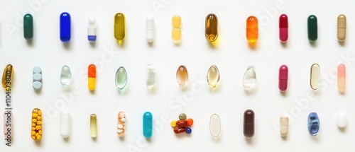 various dietary supplements and vitamins arranged in a flat lay composition