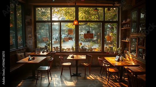 A cozy coffee shop bathed in warm sunlight, streaming through large glass-pane windows, rustic wooden tables and mismatched chairs creating a charming atmosphere,