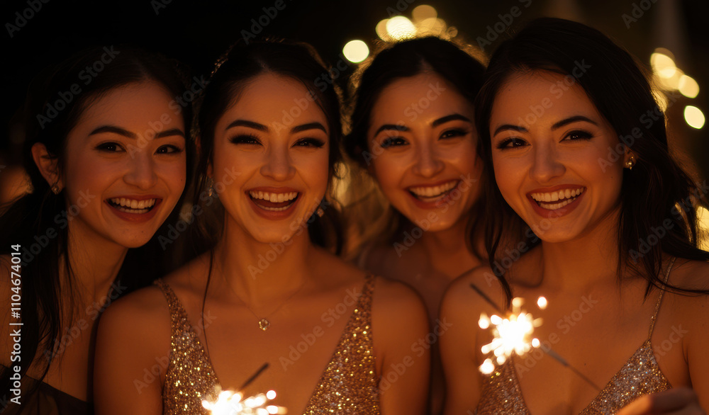 Obraz premium The sparkle and dynamic light around a woman and her friend reflect the lively energy of festive celebrations.