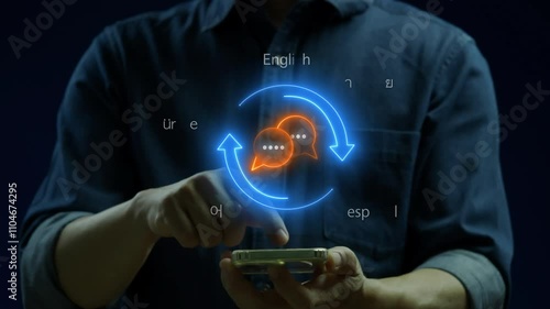 Translator app, language course and e-learning concept for translate worldwide language conversation. Businessman using translator app on smartphone to show translation icon on virtual screen.