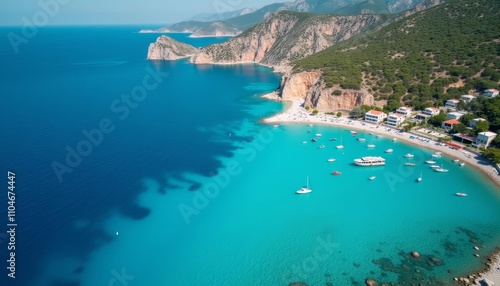 Beautiful beach with boats in crystal blue water