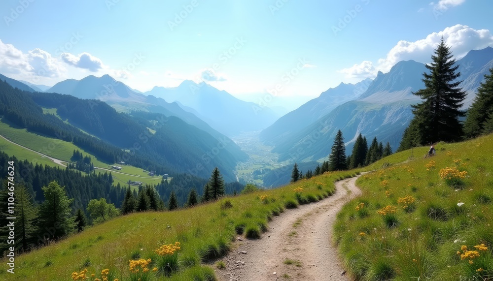 Fototapeta premium A serene mountain valley with winding trail in the foreground