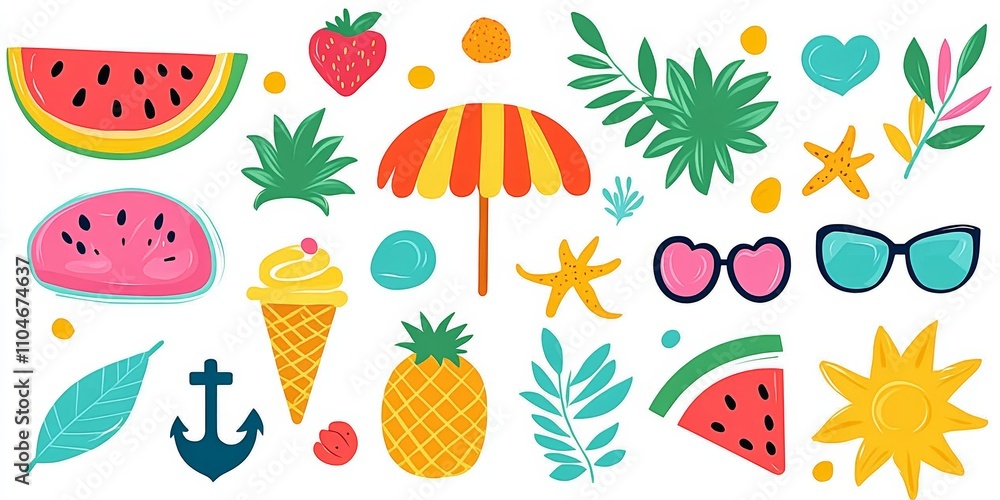 Colorful Summer Icons Set with Playful Holiday Stickers and Digital Illustrations Colorful Summer Icons Set with Playful Holiday Stickers and Digital Illustrations