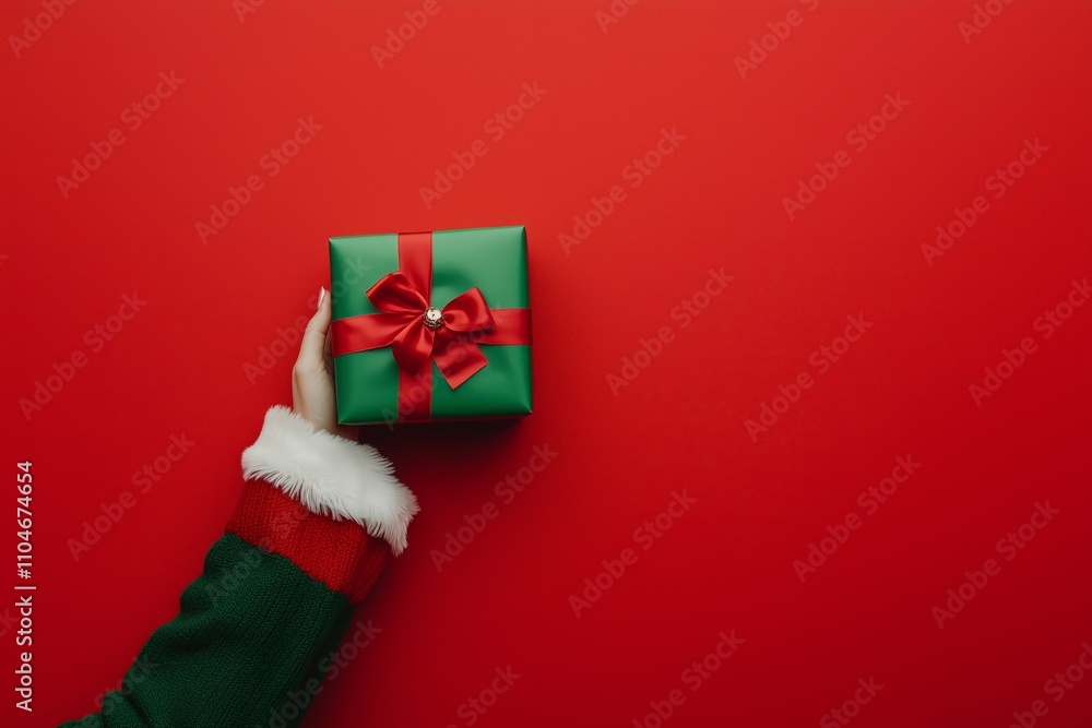 A hand in a Santa Claus costume holding a green gift box with a red ribbon on a red solid background. symbolizing Christmas and festive cheer A hand in a Santa Claus costume holding a green gift box with a red ribbon on a red solid background. symbolizing Christmas and festive cheer