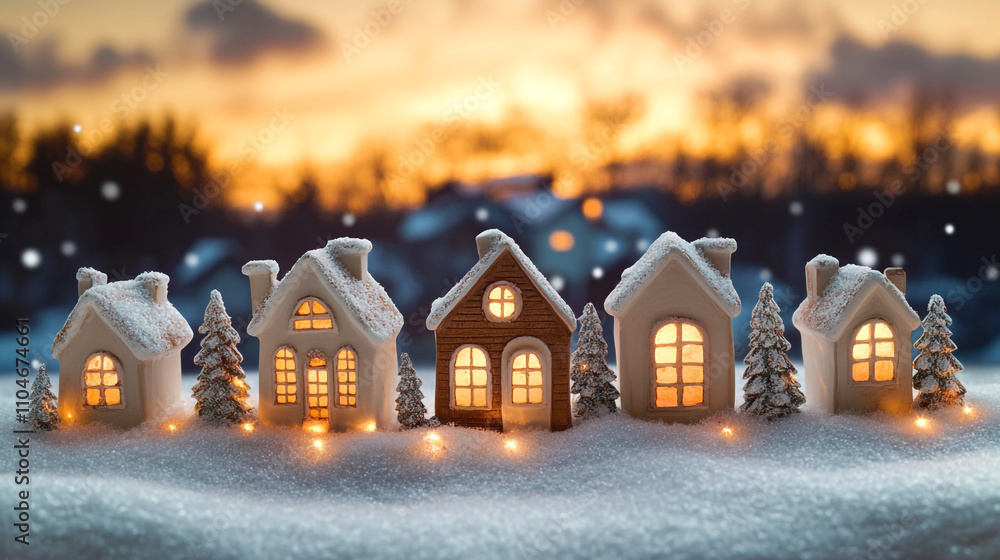 Scandinavian village scene with miniature houses illuminated with ...