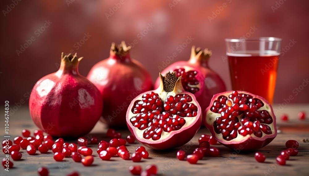 A table with pomegranates, seeds, and a glass of red wine A table with pomegranates, seeds, and a glass of red wine