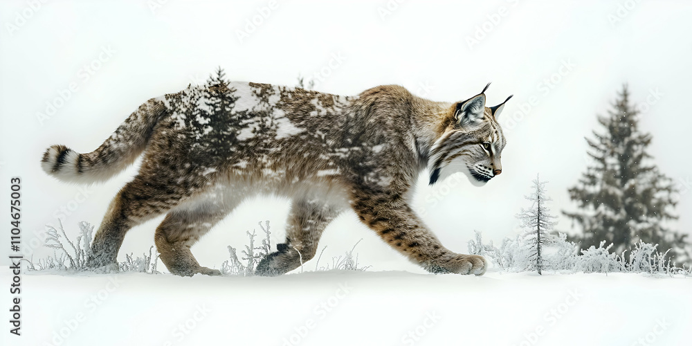 A lynx walking through a snowy landscape, blending with the natural environment. A lynx walking through a snowy landscape, blending with the natural environment.