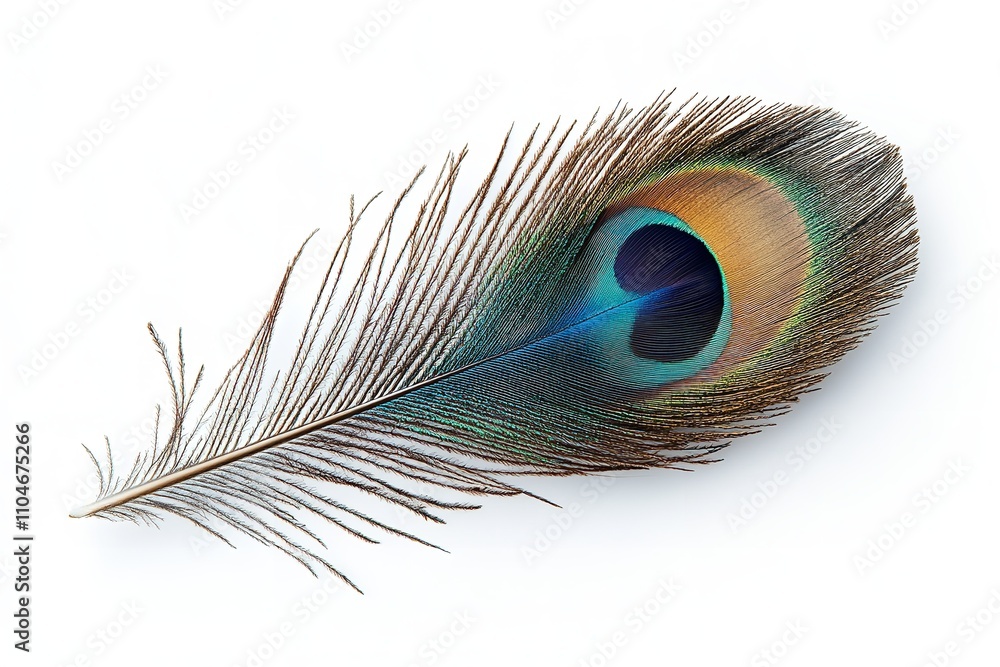 Obraz premium Excellent quality peacock feather isolated on a white backdrop. Generative Ai