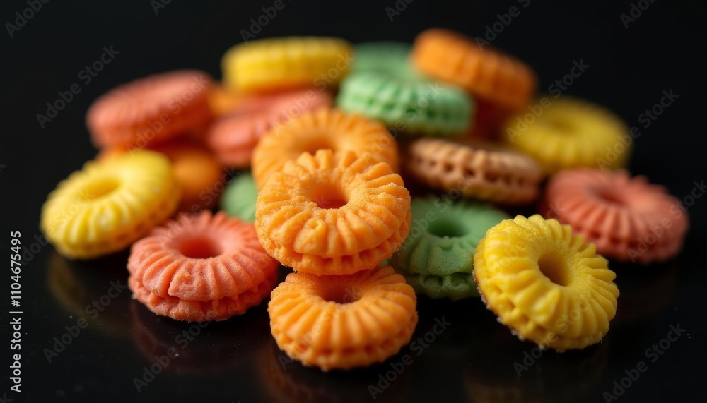 A heap of colorful circular snacks with ridges A heap of colorful circular snacks with ridges