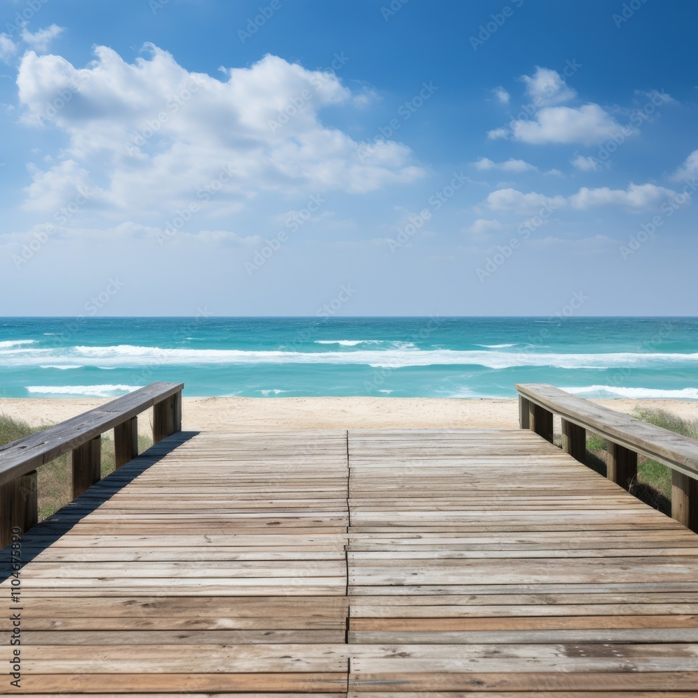 a serene beach view with a wooden walkway leading to the ocean a serene beach view with a wooden walkway leading to the ocean