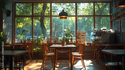 A serene coffee shop interior with sunlight pouring through large windows, illuminating rustic wooden furniture and creating a cozy ambiance with natural textures and soft, warm tones --ar 16:9