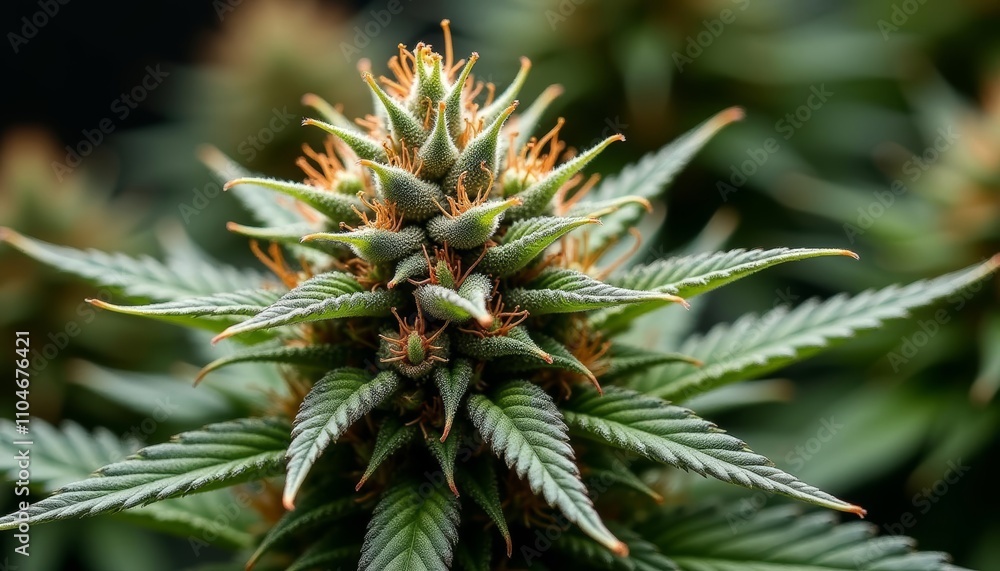 Close-up of a marijuana bud with green leaves Close-up of a marijuana bud with green leaves