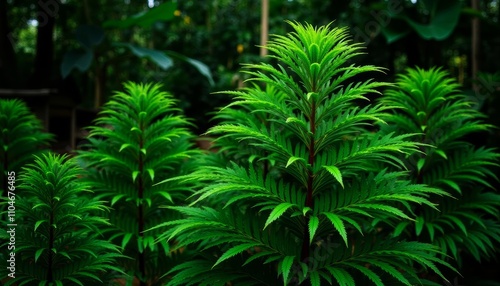 Close-up of green plant in forest, Shiny leaves on tree, Green foliage against photo