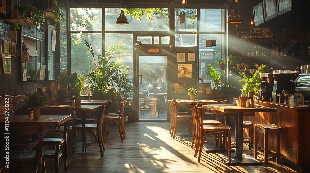 Sunlight streaming through expansive windows into a cozy coffee shop, casting soft light onto rustic wooden tables and chairs, potted plants in the corners, and a warm, Sunlight streaming through expansive windows into a cozy coffee shop, casting soft light onto rustic wooden tables and chairs, potted plants in the corners, and a warm,