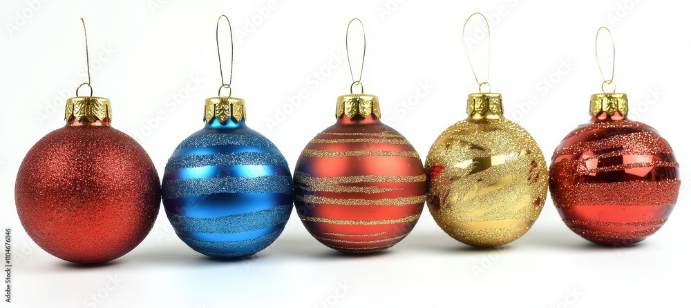 A row of Christmas ornaments with a blue and gold one in the middle A row of Christmas ornaments with a blue and gold one in the middle