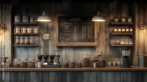 A wall-mounted menu board in a coffee shop, featuring chalk lettering and a rustic wooden frame, above a counter adorned with antique mugs and jars filled with coffee beans,