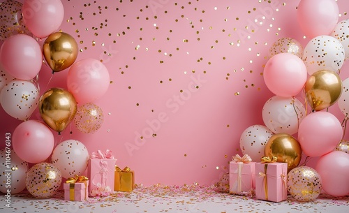 pink background with gold party decorations, such as balloons and gifts