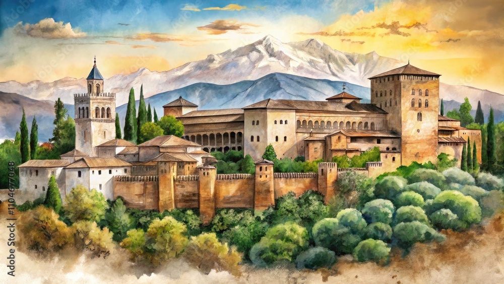 Naklejka premium Sketch-Style Alhambra Architectural Wonder in Spain - Travel Inspiration, Historical Landmark, Beautiful Design, Cultural Heritage, Stunning
