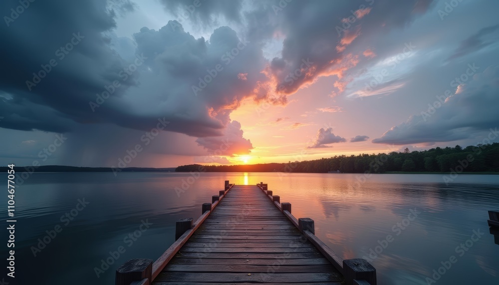 Fototapeta premium Glowing sunset over calm lake with dock