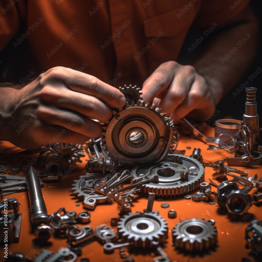 hands working with mechanical gears and tools on a vibrant surface hands working with mechanical gears and tools on a vibrant surface