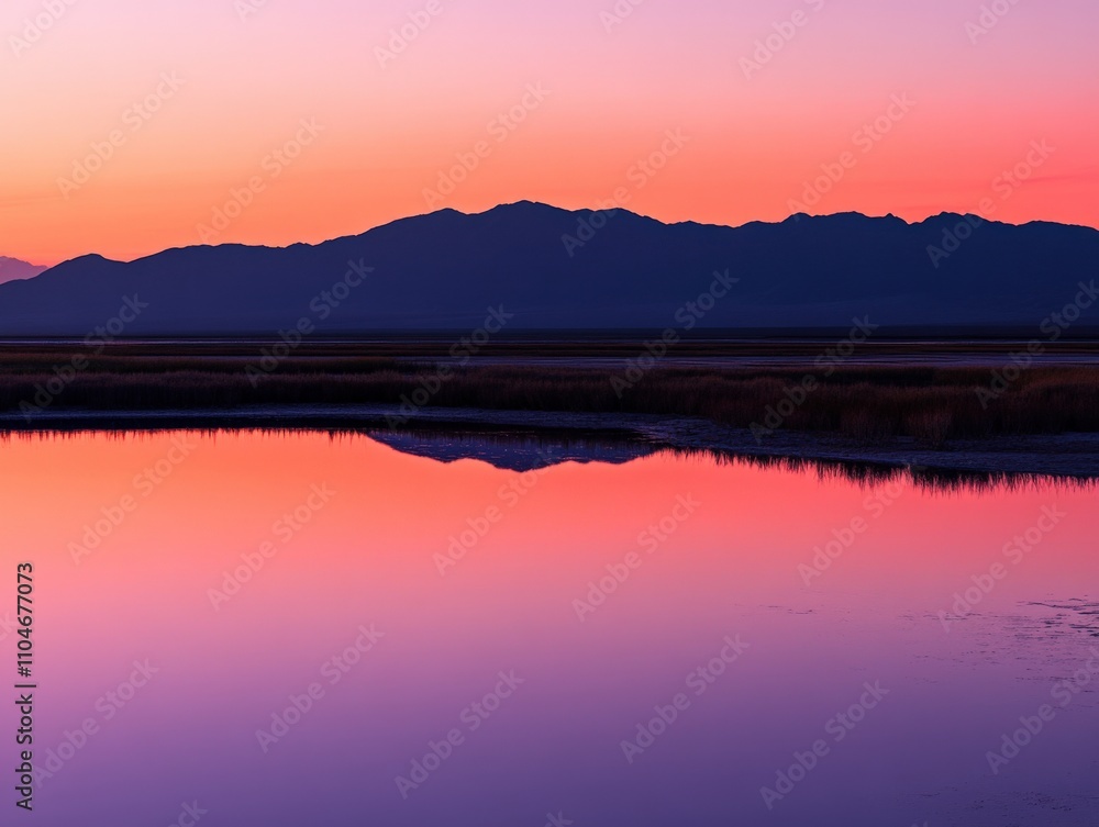 Fototapeta premium serene sunset reflection over calm waters with mountains in the background