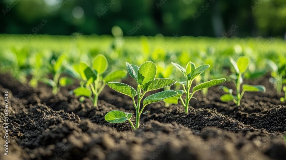 Young soybean plants growing in dark moist soil with dewdrops glistening under sunlight Young soybean plants growing in dark moist soil with dewdrops glistening under sunlight