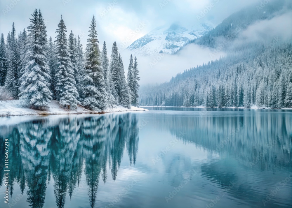 Snow-Covered Trees Reflecting in Lake Louise on a Foggy Winter Day - Serene Winter Landscape, Minimalist Photography, Tranquil Nature Scene, and Foggy Reflections Snow-Covered Trees Reflecting in Lake Louise on a Foggy Winter Day - Serene Winter Landscape, Minimalist Photography, Tranquil Nature Scene, and Foggy Reflections