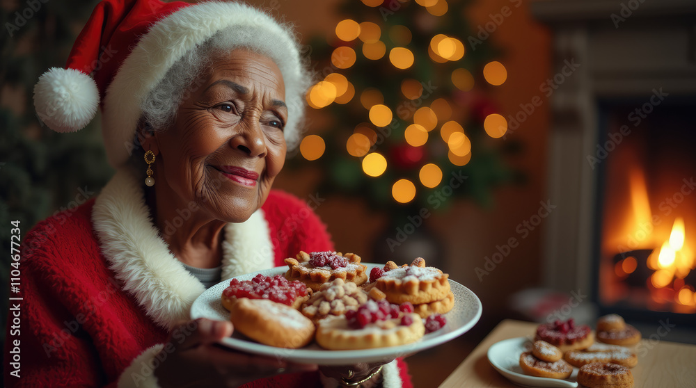 A Touch of Christmas Magic: Elderly Black Lady Embracing the Spirit of the Holidays by Offering a Plate of Festive Sweets and Delicious Holiday Cookies with Love.

