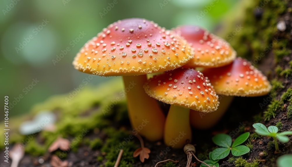 Obraz premium Close-up of three red spotted mushrooms growing on a mossy rock surface