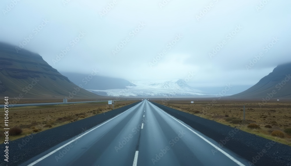 Winding road through a misty mountain valley Winding road through a misty mountain valley