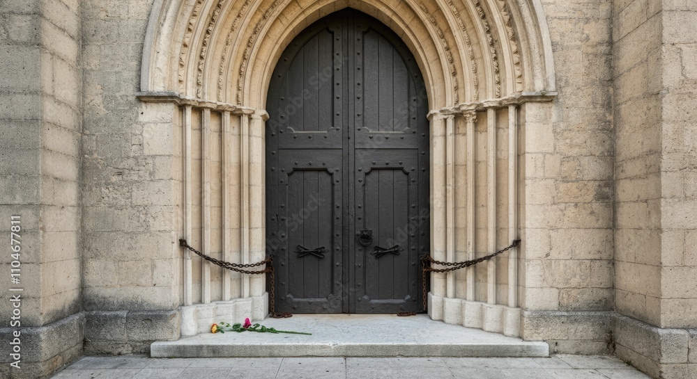 Large wooden door set in arched stone entryway, flowers at base Large wooden door set in arched stone entryway, flowers at base