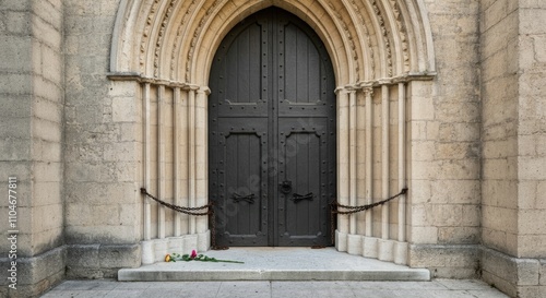 Large wooden door set in arched stone entryway, flowers at base