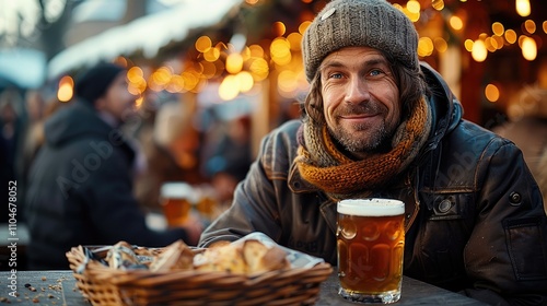 Man drinking beer at an outdoor bar during traditional beer festival.