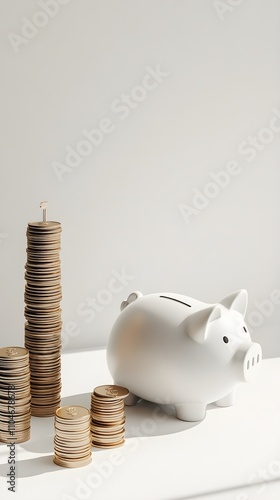 a white piggy bank paired with progressively taller stacks of coins symbolizing savings growth and financial planning