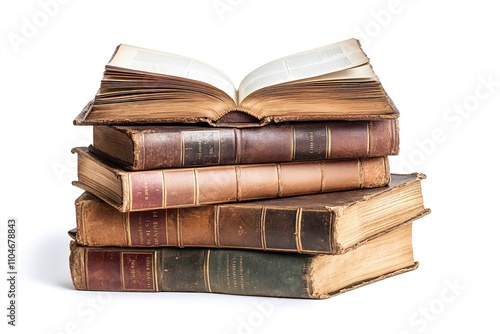 Excellent quality stack of books with an open book on top, isolated on a white backdrop. Generative Ai