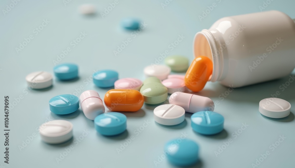 Orange pill in white bottle, Medicine capsules spilled out, White counter with pills on it Orange pill in white bottle, Medicine capsules spilled out, White counter with pills on it