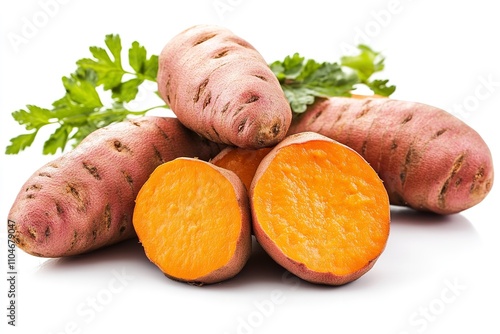 A white backdrop with an isolated image of fresh sweet potatoes. Generative Ai