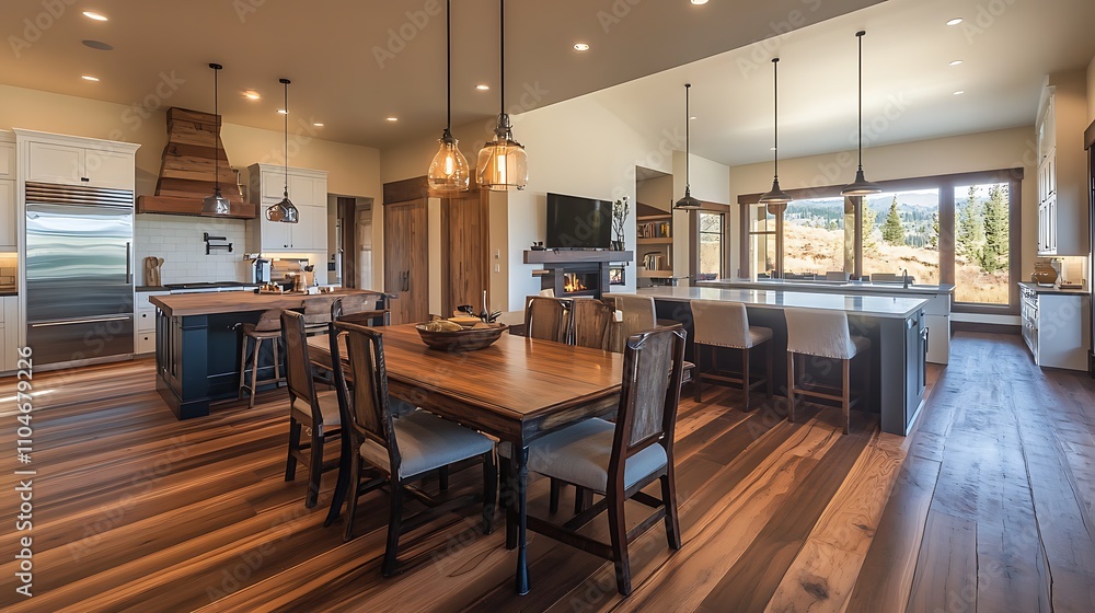 A spacious kitchen with a dining table arranged for a family meal and a desk space used for meal planning with a tablet A spacious kitchen with a dining table arranged for a family meal and a desk space used for meal planning with a tablet